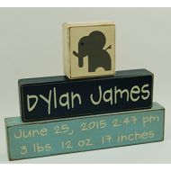 Blocks Upon A Shelf Elephant Personalized Custom Name and Birth Stats - Primitive Country Wood Stacking Sign Blocks-Baby Gift-Birth Announcement-Baby-BoysGirls Nursery Room Decor