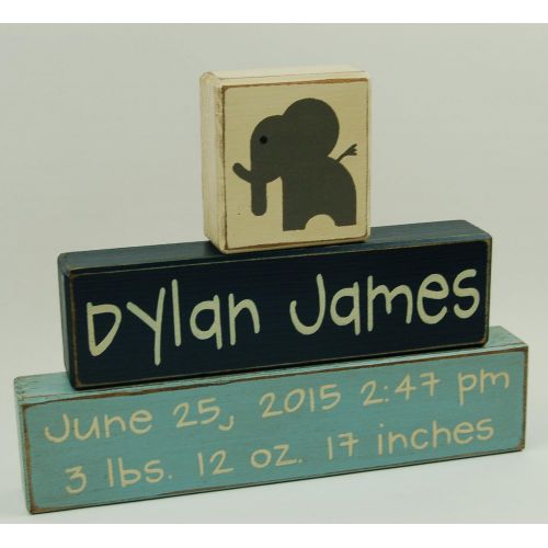  Blocks Upon A Shelf Elephant Personalized Custom Name and Birth Stats - Primitive Country Wood Stacking Sign Blocks-Baby Gift-Birth Announcement-Baby-BoysGirls Nursery Room Decor