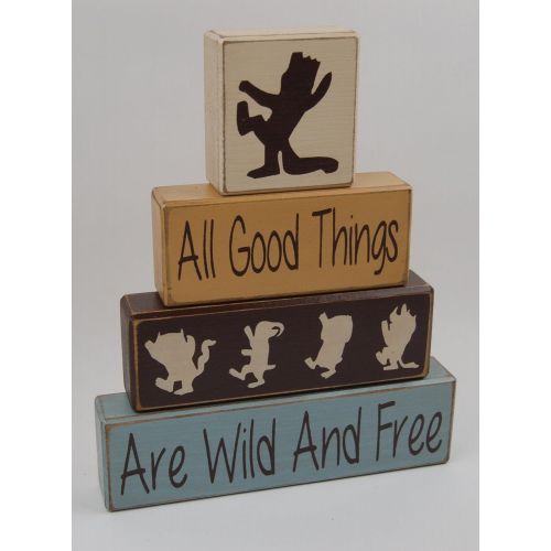  Blocks Upon A Shelf Primitive Country Wood Stacking Sign Blocks Nursery Children Room Decor Where The Wild Things Are-All Good Things Are Wild And Free