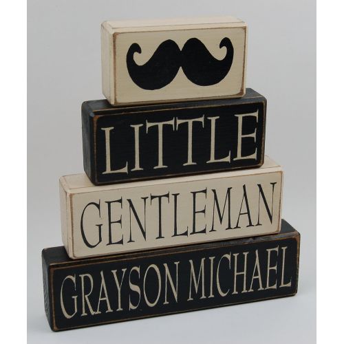  Blocks Upon A Shelf Primitive Country Wood Stacking Sign Blocks-Little Gentleman-Personalized Name Nursery Decor- Birthday Baby Shower Centerpiece-Mustache