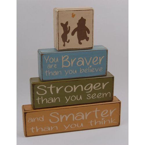  Blocks Upon A Shelf Winnie The Pooh Classic-You Are Braver Than YOu Believe-Stronger Than You Seem-Smarter Than You think - Primitive Country Wood Stacking Sign Blocks-Nursery Room-Baby Shower Gift-Bo