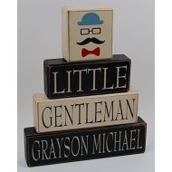 Blocks Upon A Shelf Little Gentleman-Personalized Name Bow Tie-Top Hat-Mustache-Glasses - Primitive Country Wood Stacking Sign Blocks Baby Nursery Decor-Birthday Decor-Baby Shower Centerpiece Home Dec