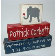 Blocks Upon A Shelf Elephant With Heart - Primitive Country Wood Stacking Sign Blocks-Personalized Custom Name and Birth Stats-Baby Gift-Birth Announcement-Baby-Boys/Girls Nursery Room Home Decor
