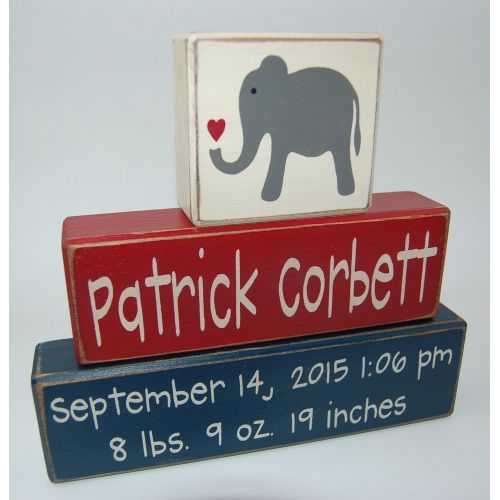  Blocks Upon A Shelf Elephant With Heart - Primitive Country Wood Stacking Sign Blocks-Personalized Custom Name and Birth Stats-Baby Gift-Birth Announcement-Baby-BoysGirls Nursery Room Home Decor