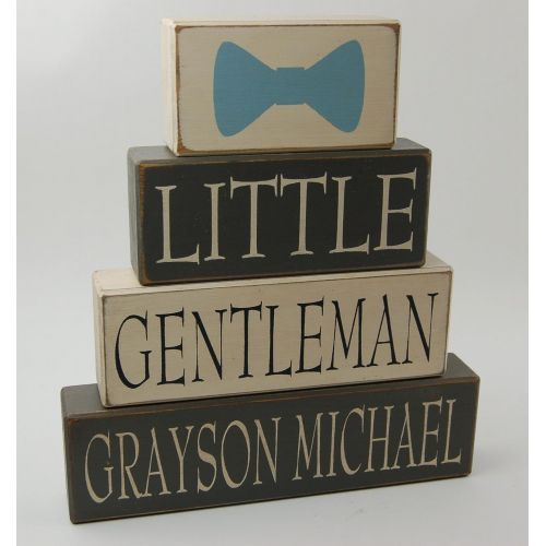  Blocks Upon A Shelf Little Gentleman - Personalized Name - Primitive Country Wood Stacking Sign Blocks - Nursery Decor- Birthday Baby Shower Centerpiece-Bow Tie