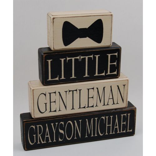  Blocks Upon A Shelf Little Gentleman - Personalized Name - Primitive Country Wood Stacking Sign Blocks - Nursery Decor- Birthday Baby Shower Centerpiece-Bow Tie