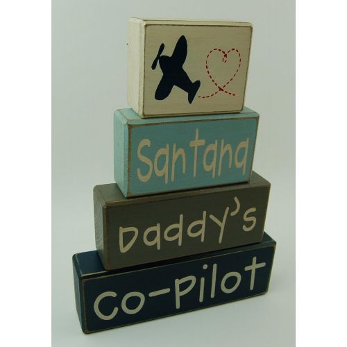  Blocks Upon A Shelf Daddys Co-Pilot - Custom Personalized Name-Airplane Decor - Primitive Country Distressed Wood Stacking Sign Blocks-Boys Room-Nursery Room-Baby Shower Centerpiece-Birthday Home Deco