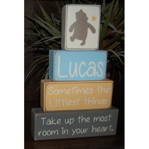  Blocks Upon A Shelf Persoanlized Winnie The Pooh Classic-Sometimes The Littlest Things Take Up The Most Room In Your Heart - Primitive Country Wood Stacking Sign Blocks Nursery Room Baby Shower Gift H