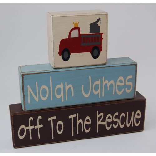  Blocks Upon A Shelf Off To The Rescue - Personalized Name - Firefighter - Fireman Theme Primitive Country Wood Stacking Sign Blocks-Baby Shower Gift Centerpiece - Fireman Birthday - Fireman Nursery Ro