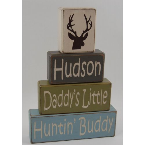  Blocks Upon A Shelf Primitive Country Wood Stacking Sign Blocks-Daddys Little Hunting Buddy-Elk-Deer-Boys Room Home Decor Hunting Theme Personalized Custom Kids Name