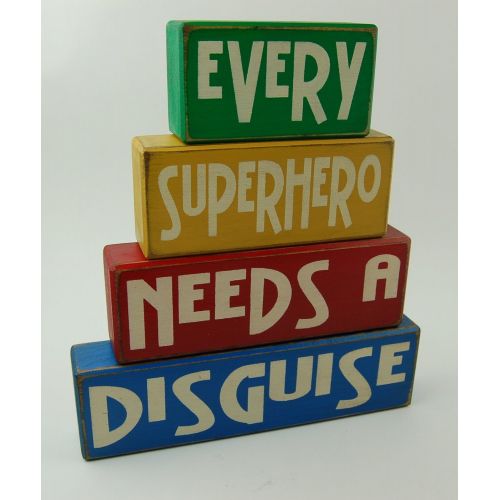  Blocks Upon A Shelf Every Superhero Needs A Disguise - Primitive Country Wood Stacking Sign Blocks Superhero Decor- Superhero Birthday-Superhero Nursery Room-Superhero Baby Shower Home Decor For Boys