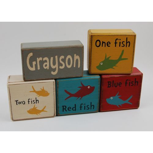  Blocks Upon A Shelf Personalized Name One Fish-Two Fish-Red Fish-Blue Primitive Country Wood Stacking Sign Blocks Dr. Suess-Chuncky Blocks- Kids Nursery Room-Birthday-Baby Shower Decor