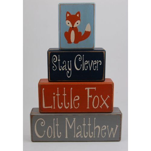  Blocks Upon A Shelf Stay Clever Little Fox Personalized Name - Fox - Woodland Nursery - Primitive Country Wood Stacking Sign Blocks-Birthday-Nursery Room-Baby Shower Home Decor