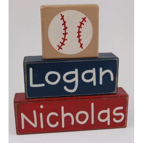  Blocks Upon A Shelf Baseball Theme First Middle Name - Primitive Country Wood Stacking Sign Blocks-Baseball Collection-Boys Sports-Nursery Room-Baseball Baby Shower-Baseball Birthday Sports Home Decor