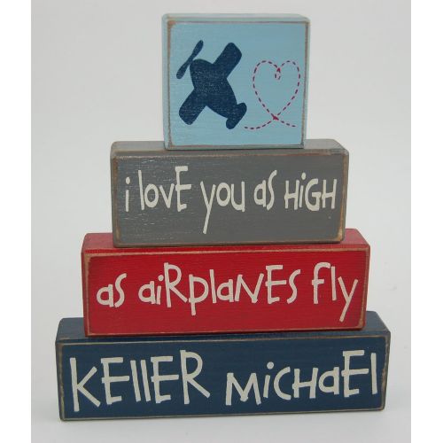  Blocks Upon A Shelf Personalized Name - I love you as high as airplanes fly - Primitive Country Wood Stacking Sign Blocks Airplane Theme Decor-Airplane Nursery Room-Airplane Baby Shower-Airplane Birth