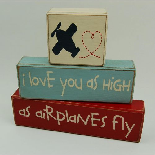  Blocks Upon A Shelf I love you as high as airplanes fly - Primitive Country Wood Stacking Sign Blocks Airplane Theme Decor-Airplane Nursery Room-Airplane Baby Shower-Airplane Birthday Home Decor