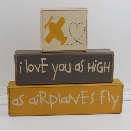  Blocks Upon A Shelf I love you as high as airplanes fly - Primitive Country Wood Stacking Sign Blocks Airplane Theme Decor-Airplane Nursery Room-Airplane Baby Shower-Airplane Birthday Home Decor