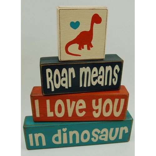  Blocks Upon A Shelf Roar Means I Love You In Dinosaur - Primitive Country Wood Stacking Sign Blocks Dinosaur Decor Childrens Room-Dinosaur Birthday-Dinosaur Nursery Baby Shower