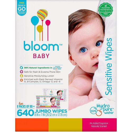  Bloom BABY bloom Baby Wipes, Sensitive, Unscented, 8 packs of 80 (640 count)