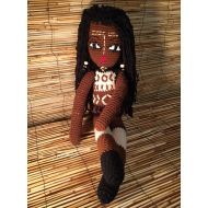 BloomingBeeCreations Crochet 23 African Doll, Tribal Print and Facial Markings, Black Dreadlocks, Black doll, OOAK Amigurumi Bee Love Art Doll