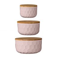 Bloomingville A21700004 Set of 3 Round Pink Stoneware Bowls with Bamboo Lids