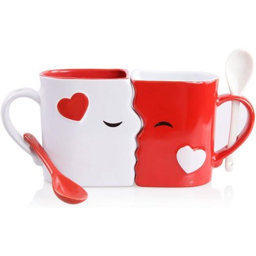  [아마존베스트]Blu Devil Kissing Mugs Set, Exquisitely Crafted Two Large Cups, Each with Matching Spoon, For Him and Her on Valentines, Birthday, Anniversary, Wedding, Engagement or Anytime a Couple Wishes