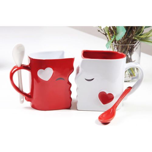  [아마존베스트]Blu Devil Kissing Mugs Set, Exquisitely Crafted Two Large Cups, Each with Matching Spoon, For Him and Her on Valentines, Birthday, Anniversary, Wedding, Engagement or Anytime a Couple Wishes