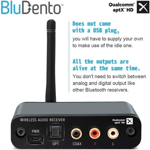  BluDento True Hi-Fi aptX HD Bluetooth 5.0 Music Receiver Long Range, Built-in Burr Brown DAC, for Streaming Audio to Any A/V Receiver, Powered Speaker, Amplifier