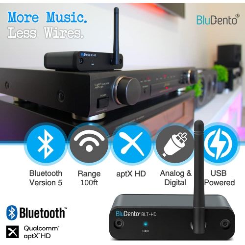  BluDento True Hi-Fi aptX HD Bluetooth 5.0 Music Receiver Long Range, Built-in Burr Brown DAC, for Streaming Audio to Any A/V Receiver, Powered Speaker, Amplifier