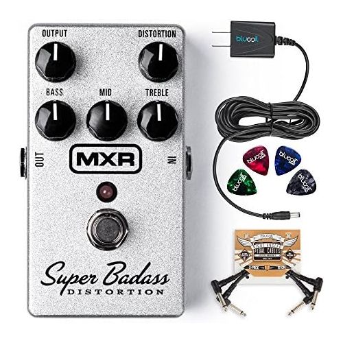  MXR M75 Super Badass Distortion Pedal Bundle with Blucoil Slim 9V 670ma Power Supply AC Adapter, 2-Pack of Pedal Patch Cables, and 4-Pack of Celluloid Guitar Picks