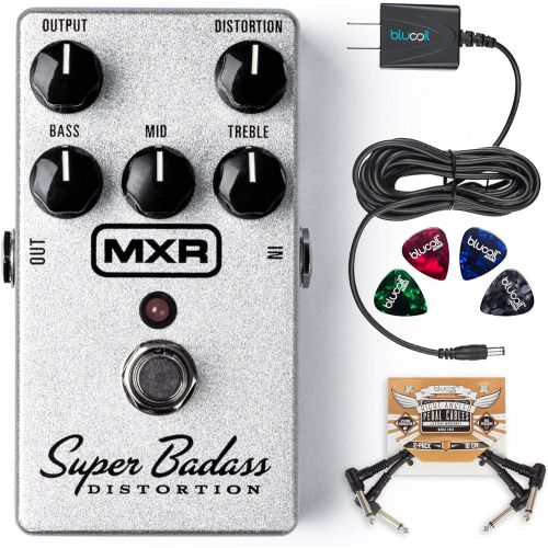  MXR M75 Super Badass Distortion Pedal Bundle with Blucoil Slim 9V 670ma Power Supply AC Adapter, 2-Pack of Pedal Patch Cables, and 4-Pack of Celluloid Guitar Picks