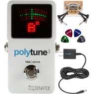 TC Electronic PolyTune 3 Polyphonic Tuner Built-In Bonafide Buffer Bundle with Blucoil Slim 9V 670ma Power Supply AC Adapter, 2-Pack of Pedal Patch Cables, and 4-Pack of Celluloid