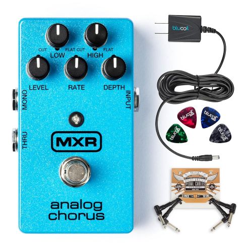  MXR M234 Analog Chorus Pedal Bundle with Blucoil Slim 9V 670ma Power Supply AC Adapter, 2-Pack of Pedal Patch Cables and 4-Pack of Celluloid Guitar Picks