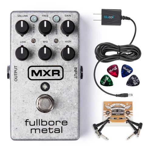  MXR M116 Fullbore Metal Distortion Pedal Bundle with Blucoil Power Supply Slim AC/DC Adapter for 9 Volt DC 670mA, 2 Pack of Pedal Patch Cables and 4-Pack of Celluloid Guitar Picks