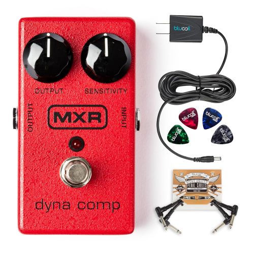  MXR M102 Dyna Comp Compressor Pedal Bundle with Blucoil Slim 9V 670ma Power Supply AC Adapter, 2-Pack of Blucoil Pedal Patch Cables and 4-Pack of Celluloid Guitar Picks