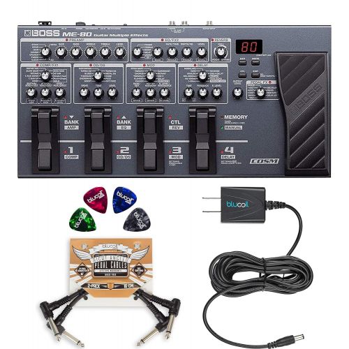  BOSS ME-80 Multi-Effects Processor with Expression Pedal and 8 Footswitches Bundle with Blucoil Slim 9V Power Supply AC Adapter, 2-Pack of Pedal Patch Cables and 4-Pack of Guitar P