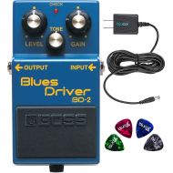 Boss BD-2 Blues Driver Guitar Effects Pedal Bundle with Blucoil Power Supply Slim AC/DC Adapter for 9 Volt DC 670mA and 4 Pack of Guitar Picks