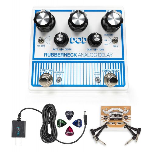  DigiTech DOD Rubberneck Analog Delay Pedal with Tap Tempo Bundle with Blucoil 9V DC Power Supply with Short Circuit Protection, Pedal Patch Cables (2-Pack) and Celluloid Guitar Pic