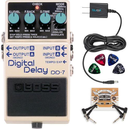  BOSS DD-7 Digital Delay Stereo Pedal Bundle with Blucoil Power Supply Slim AC/DC Adapter for 9 Volt DC 670mA, 2 Pack of Pedal Patch Cables and 4 Celluloid Guitar Picks