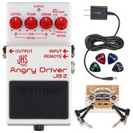 BOSS JB-2 Angry Driver Overdrive Pedal Bundle with Blucoil Slim 9V Power Supply AC Adapter, 4-Pack of Celluloid Guitar Picks, and 2-Pack of Pedal Patch Cables