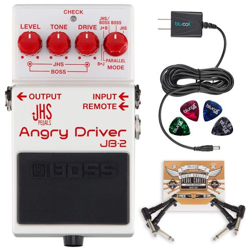  BOSS JB-2 Angry Driver Overdrive Pedal Bundle with Blucoil Slim 9V Power Supply AC Adapter, 4-Pack of Celluloid Guitar Picks, and 2-Pack of Pedal Patch Cables