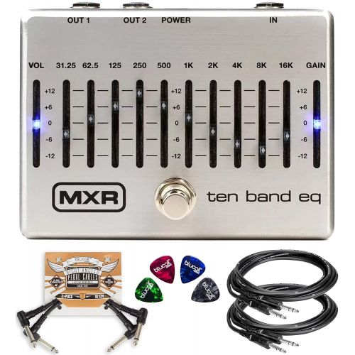  MXR M108S Ten Band EQ Pedal for Electric Guitar and Bass Bundle with Hosa 2-Pack of 10-FT Straight Instrument Cable (1/4in), Blucoil 2-Pack of Pedal Patch Cables, and 4-Pack of Cel