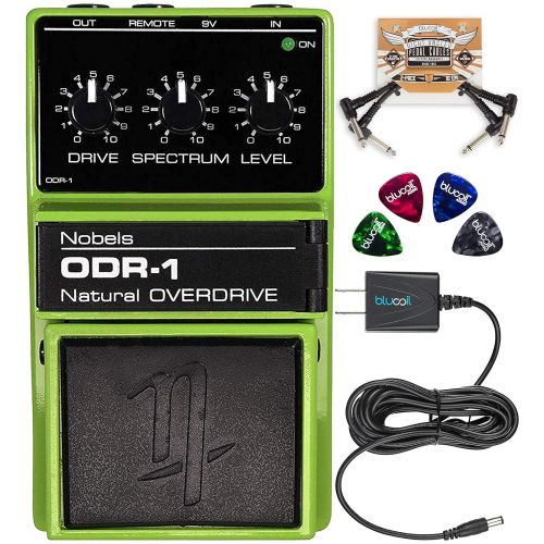  Nobels ODR-1 Natural Overdrive Pedal Bundle with Blucoil Slim 9V 670ma Power Supply AC Adapter, 2-Pack of Pedal Patch Cables, and 4-Pack of Celluloid Guitar Picks