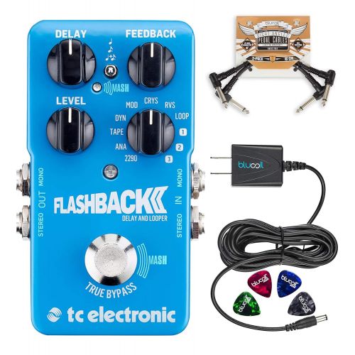  TC Electronic Flashback 2 Delay Pedal with TonePrint Bundle with Blucoil Power Supply Slim AC/DC Adapter for 9 Volt DC 670mA, 2-Pack of Pedal Patch Cables and 4-Pack of Celluloid G