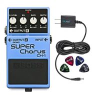 Boss CH-1 Classic Stereo Super Chorus Pedal Bundle with Blucoil Power Supply Slim AC/DC Adapter for 9 Volt DC 670mA and 4 Pack of Guitar Picks