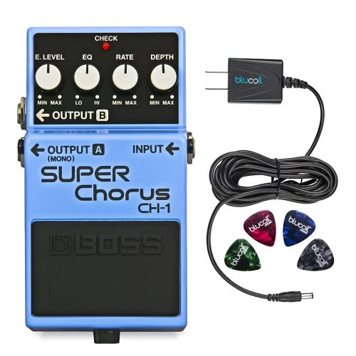  Boss CH-1 Classic Stereo Super Chorus Pedal Bundle with Blucoil Power Supply Slim AC/DC Adapter for 9 Volt DC 670mA and 4 Pack of Guitar Picks