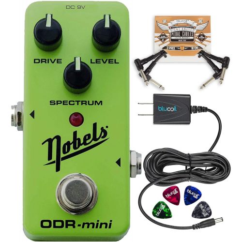  Nobels ODR-Mini Overdrive Pedal Bundle with Blucoil Slim 9V 670ma Power Supply AC Adapter, 2-Pack of Pedal Patch Cables, and 4-Pack of Celluloid Guitar Picks