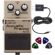 Boss AD-2 Acoustic Preamp Pedal Bundle with Blucoil Power Supply Slim AC/DC Adapter for 9 Volt DC 670mA and 4-Pack of Celluloid Guitar Picks