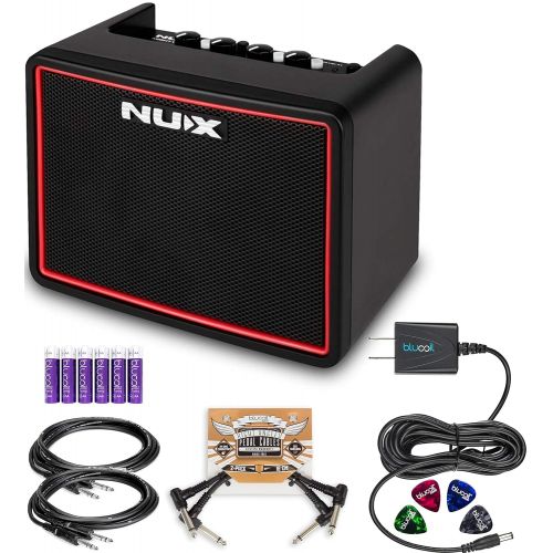  NUX Mighty Lite BT Portable Mini Amplifier Bundle with 9V Power Adapter, Blucoil 2-Pack of 10-FT Mono Instrument Cables, 2-Pack of Pedal Patch Cables, 4x Guitar Picks, and 6 AA Bat