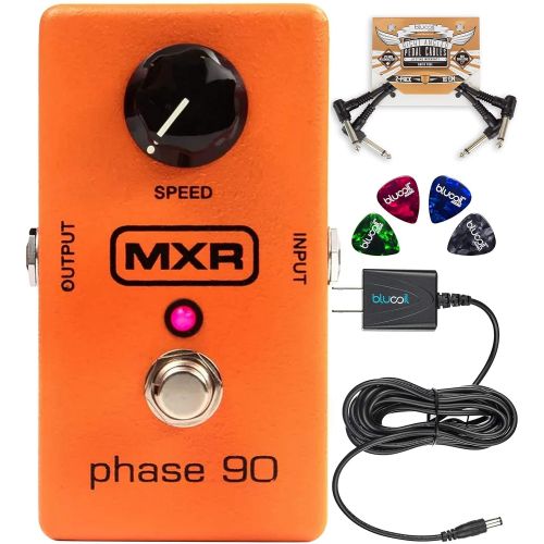  MXR M101 Phase 90 Phaser Pedal Bundle with Blucoil Slim 9V 670ma Power Supply AC Adapter, 2-Pack of Pedal Patch Cables, and 4-Pack of Celluloid Guitar Picks